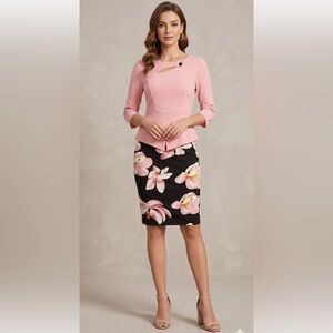 HOMEYEE Pink & Floral Peplum Sheath Dress, Size 6/Medium